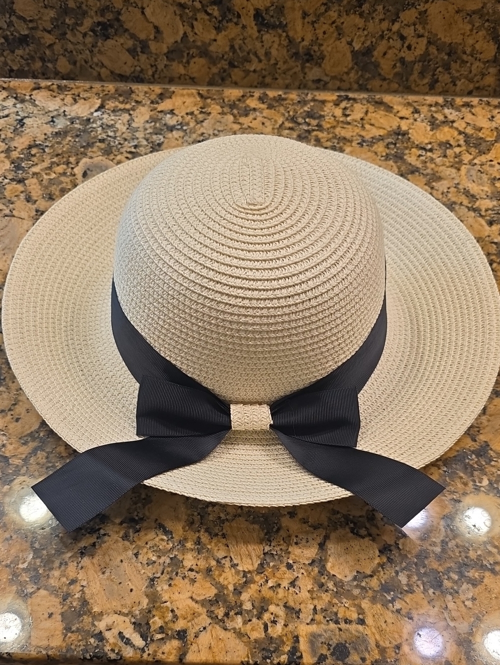 Wide-Brim Straw Sun Hat with Black Ribbon Bow